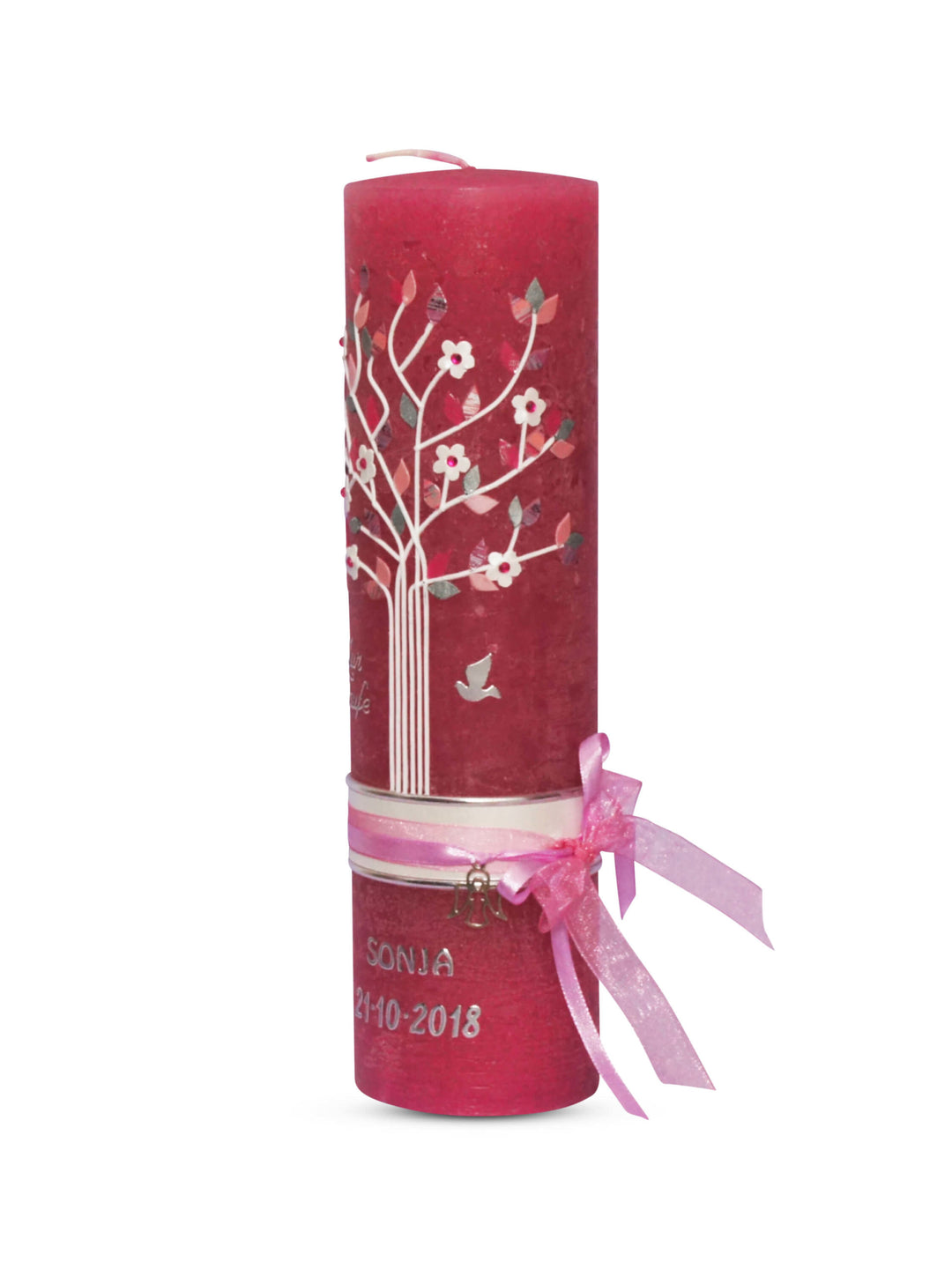 Taufkerze Vintage Lebensbaum Mädchen auf Rustik Kerze Pink