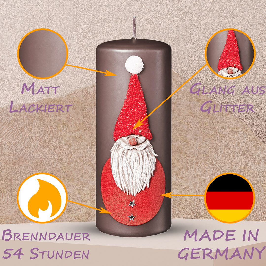 Weihnachtskerzen 4er Set 15x6cm – Glitzer-Stumpenkerzen aus Paraffinwachs, RAL-zertifiziert Santer Claus