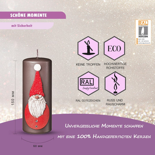 Weihnachtskerzen 4er Set 15x6cm – Glitzer-Stumpenkerzen aus Paraffinwachs, RAL-zertifiziert Santer Claus