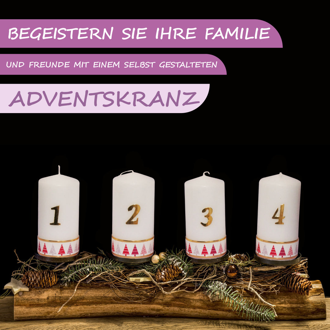 Weihnachtskerzen 1-4: Handgefertigte Tischkerzen, Tannenbaum-Motiv Rot, 15x6 cm, 4er Set für Adventskranz