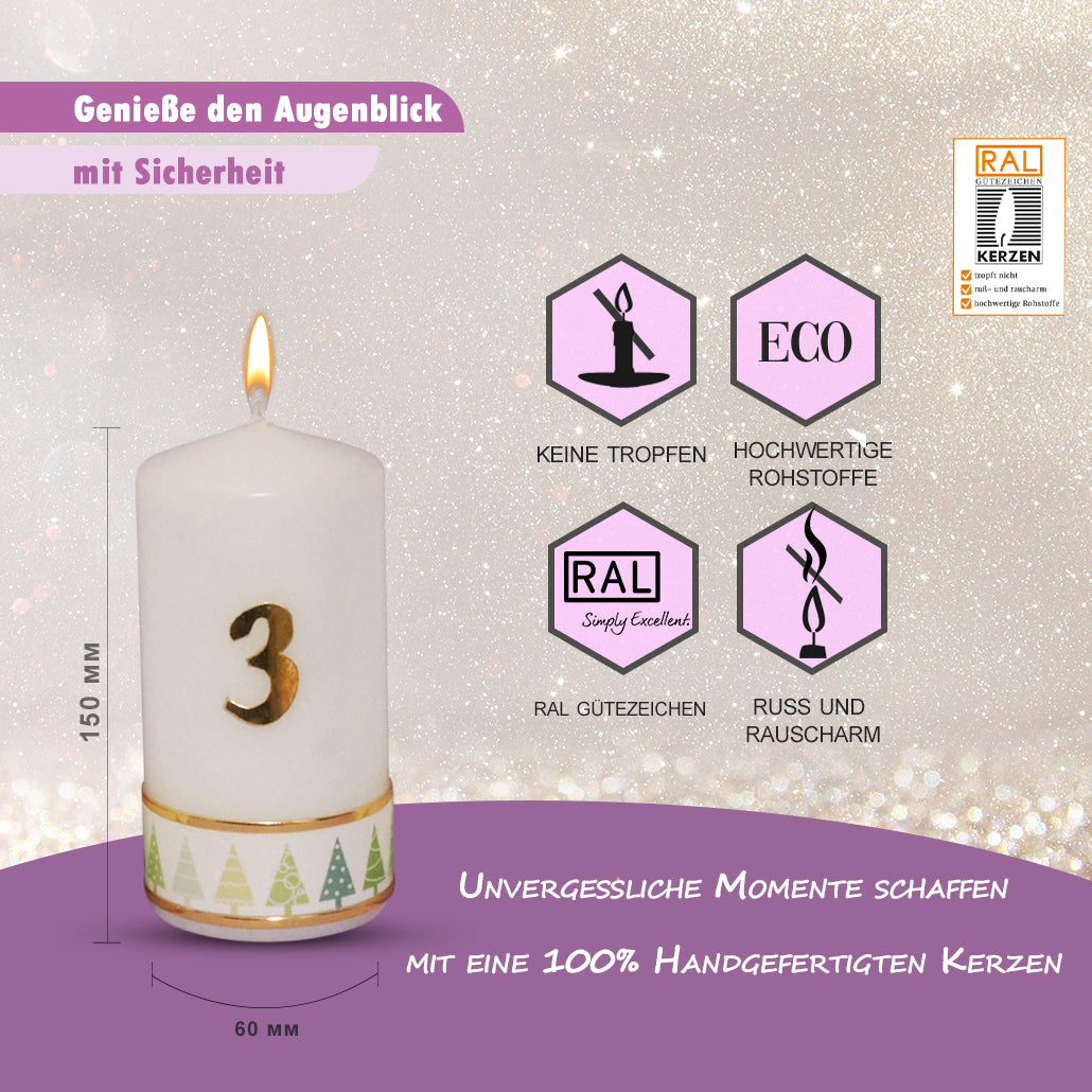 Weihnachtskerze Adventskerze Stumpen 1-4, Tannenbaum Grün, 15x6 cm, handgefertigte Tischkerzen