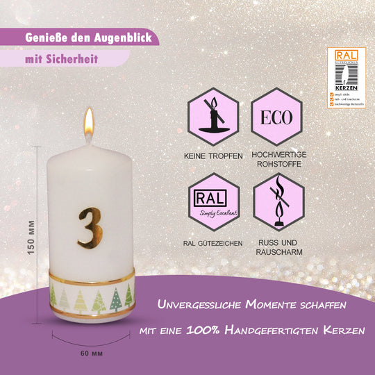 Weihnachtskerze Adventskerze Stumpen 1-4, Tannenbaum Grün, 15x6 cm, handgefertigte Tischkerzen