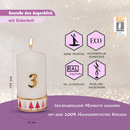 Weihnachtskerzen 1-4: Handgefertigte Tischkerzen, Tannenbaum-Motiv Rot, 15x6 cm, 4er Set für Adventskranz
