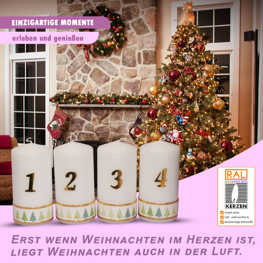 Weihnachtskerze Adventskerze Stumpen 1-4, Tannenbaum Grün, 15x6 cm, handgefertigte Tischkerzen