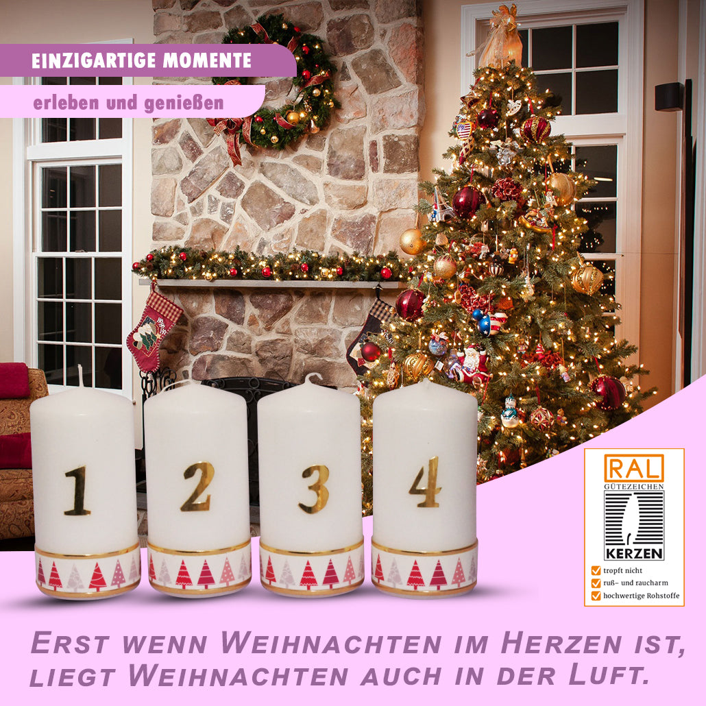 Weihnachtskerzen 1-4: Handgefertigte Tischkerzen, Tannenbaum-Motiv Rot, 15x6 cm, 4er Set für Adventskranz