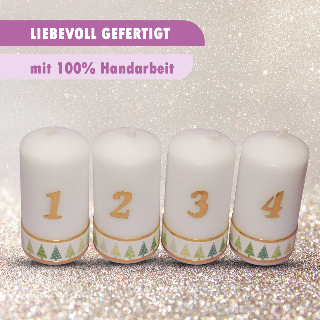 Weihnachtskerze Adventskerze Stumpen 1-4, Tannenbaum Grün, 15x6 cm, handgefertigte Tischkerzen