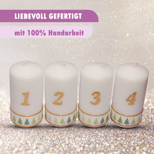 Weihnachtskerze Adventskerze Stumpen 1-4, Tannenbaum Grün, 15x6 cm, handgefertigte Tischkerzen