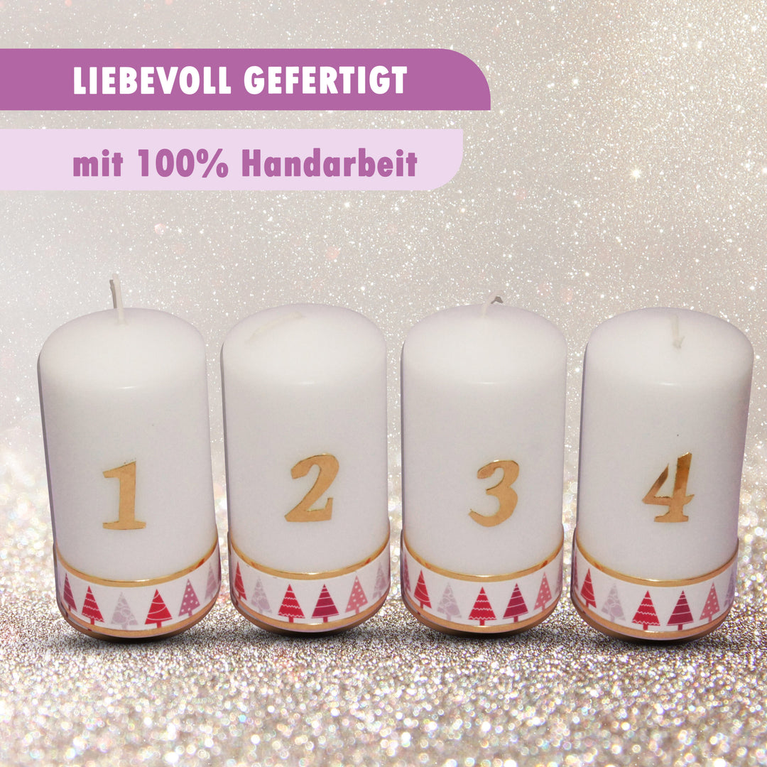 Weihnachtskerzen 1-4: Handgefertigte Tischkerzen, Tannenbaum-Motiv Rot, 15x6 cm, 4er Set für Adventskranz
