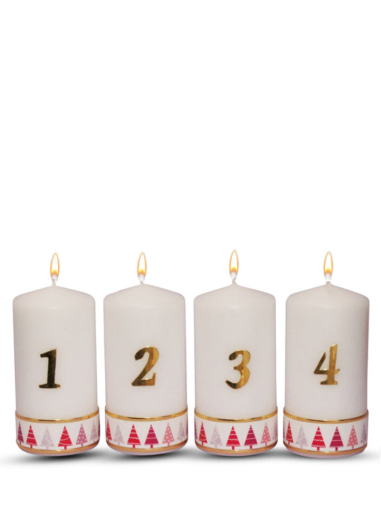 Weihnachtskerzen 1-4: Handgefertigte Tischkerzen, Tannenbaum-Motiv Rot, 15x6 cm, 4er Set für Adventskranz