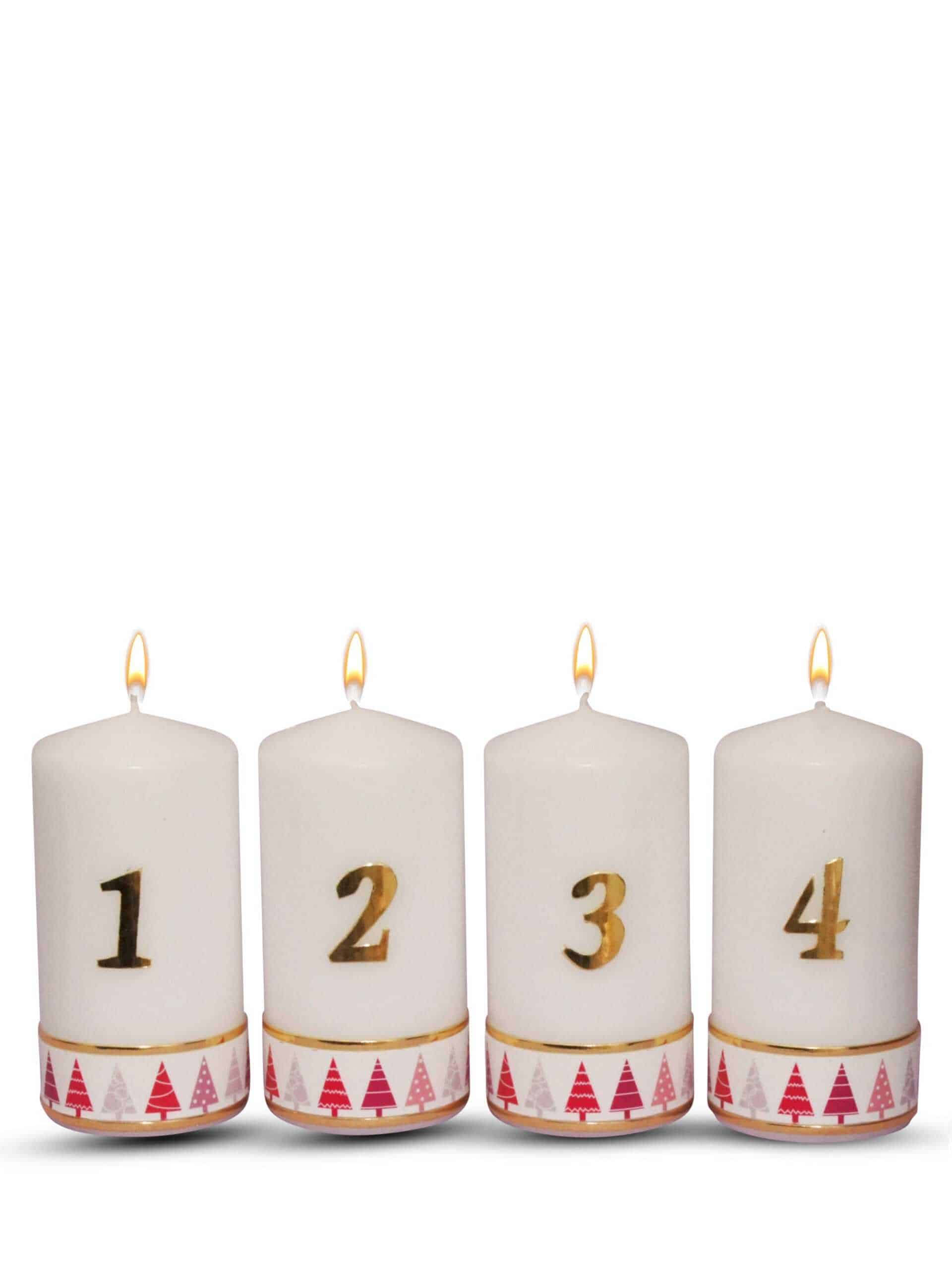 Weihnachtskerzen 1-4: Handgefertigte Tischkerzen, Tannenbaum-Motiv Rot, 15x6 cm, 4er Set für Adventskranz € 4er Adventskerze WKWK003 WikaKerzen