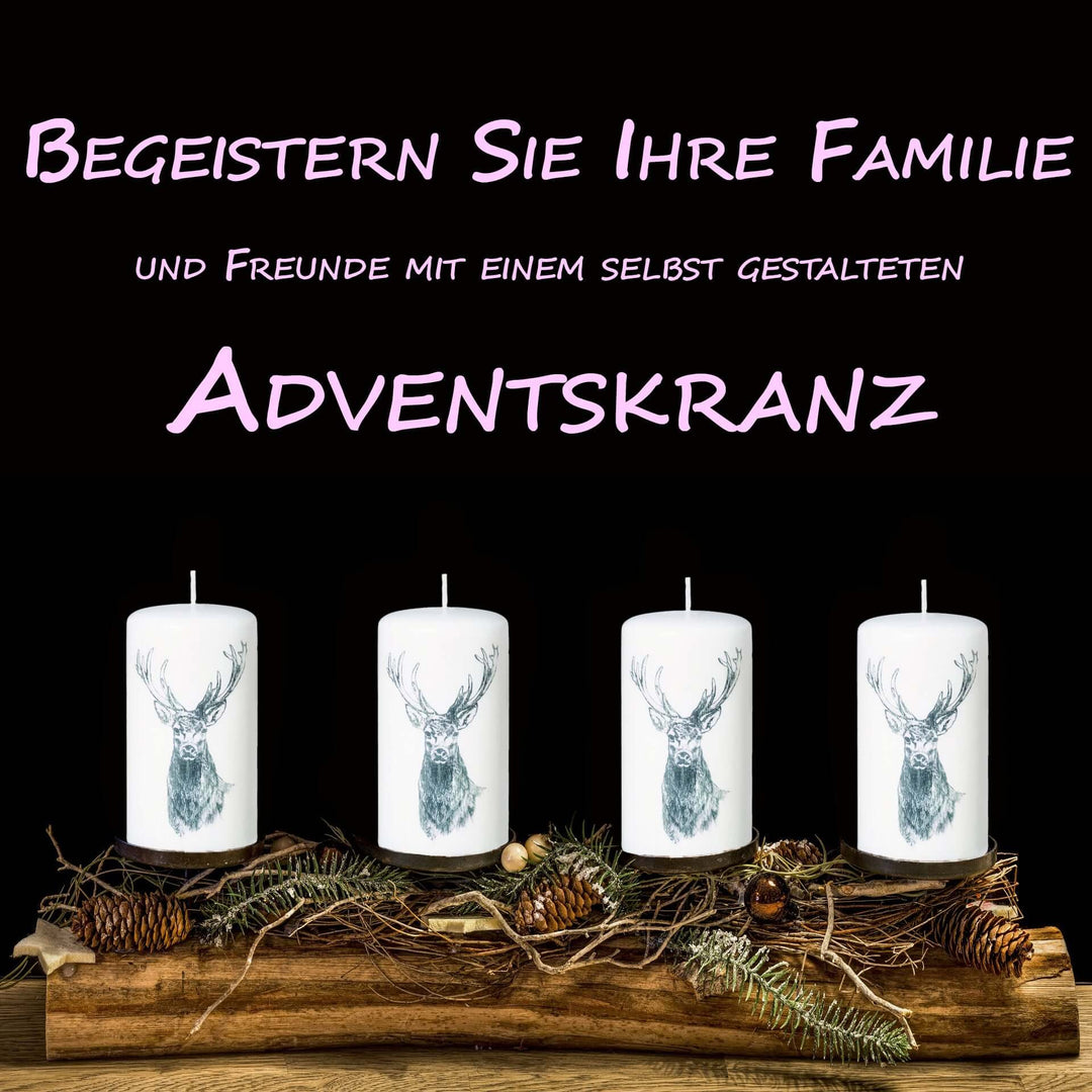 Weihnachtskerzen im Adventskranz, 4er Set mit Hirschmotiv, ideal für festliche Tischdeko und gemütliche Stimmung.