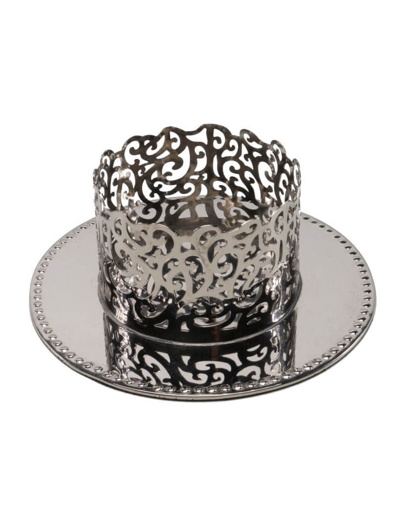 Marokkanischer Metall Kerzenleuchter für Taufe Hochzeit oder auf Gedeckter Tisch als Tischdeko im Wohnzimmer Orientalischer Kerzenständer Kerzenhalter Silber Jaini Rund 12cm Groß Kommunion
